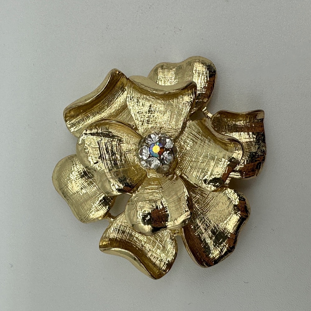 Vintage Gold Tone Flower Brooch Textured Petals AB Rhinestone Center 2 Inch